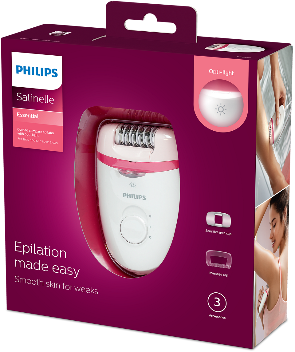 Philips Epilator BRE255 – Efficient Epilation System, 2 Speed Settings, Ergonomic Grip, Opti-Light, Sensitive Cap, and 3 Accessories for Smooth Skin