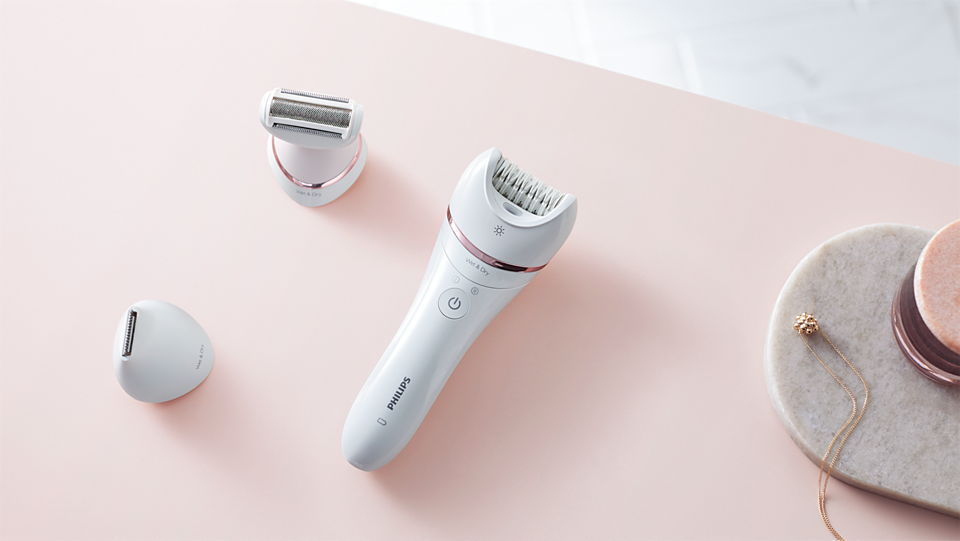Philips BRE720 Wet & Dry Hair Removal Epilator – 32 Ceramic Tweezers, Double Action, Bikini Trimmer, Shaver & Exfoliator with 8 Attachments & Opti-Light
