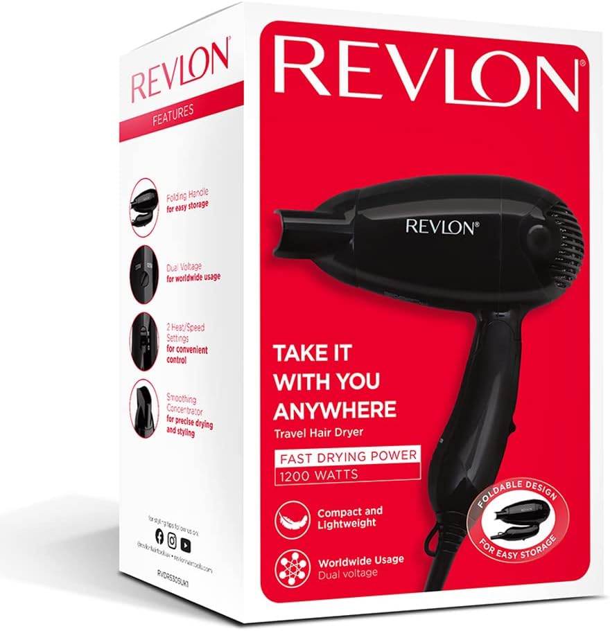 Revlon RVDR5305 Folding Travel Hair Dryer - Compact and Light Weight - 1200 Watts - Black