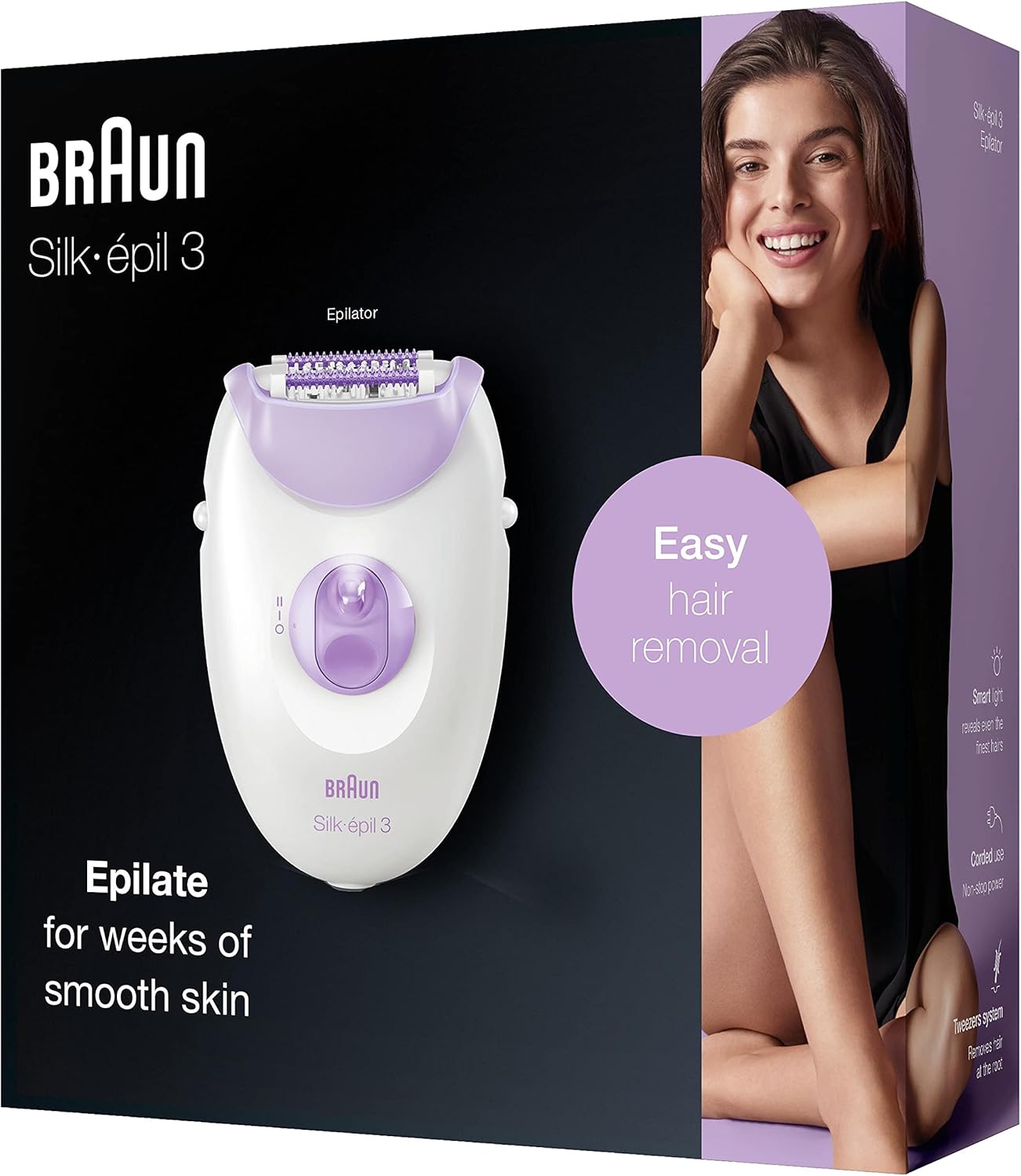 Braun Silk-épil 3 3-170, Epilator for Long-Lasting Hair Removal, 20 Tweezer system, Smartlight technology, Massage rollers