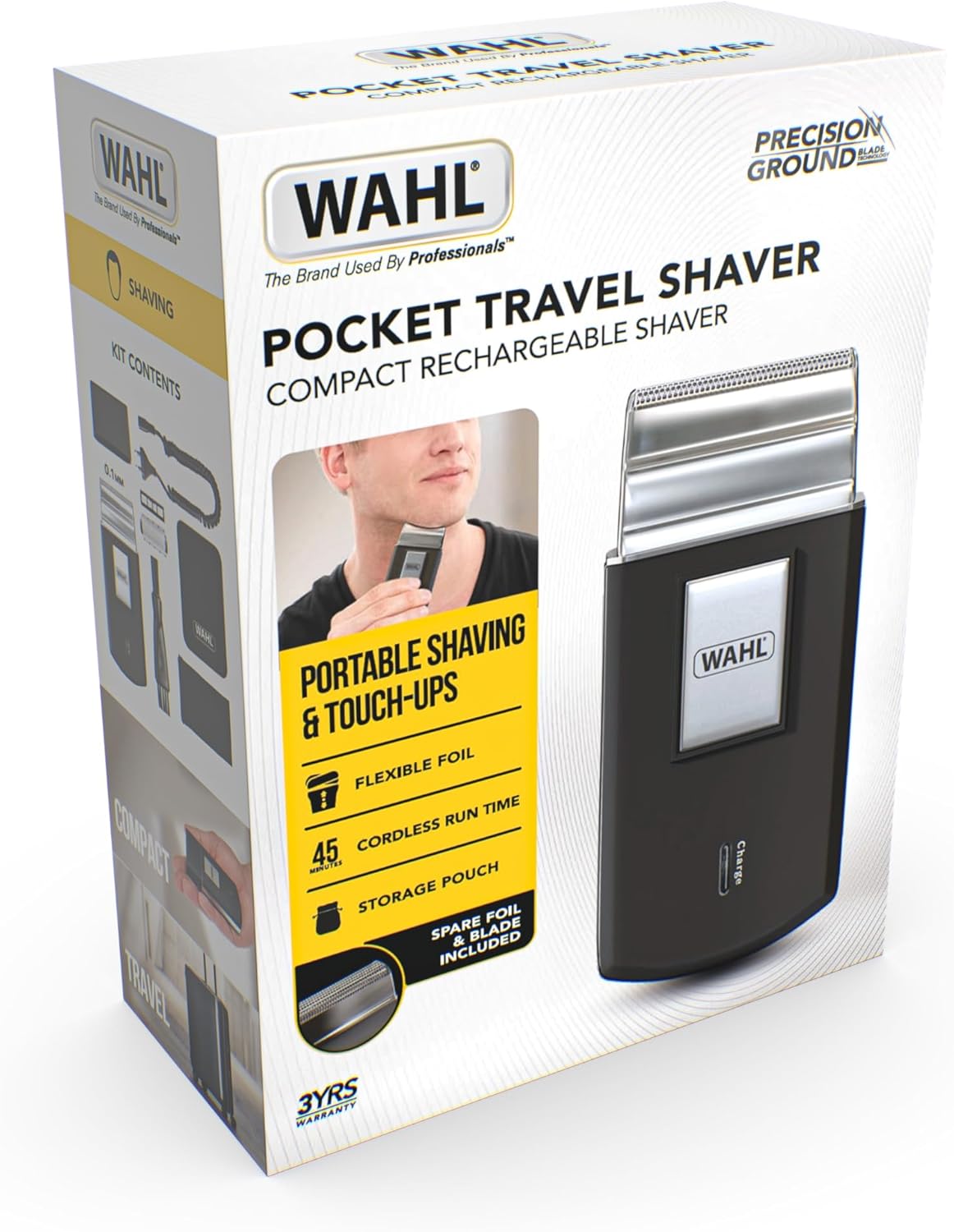 Wahl Pocket Travel Shaver, Compact Rechargeable Shaver, Beard Shaver, Electric Shavers for Men, Flex Foils, Close Cut, Small Shavers for Travelling, Black