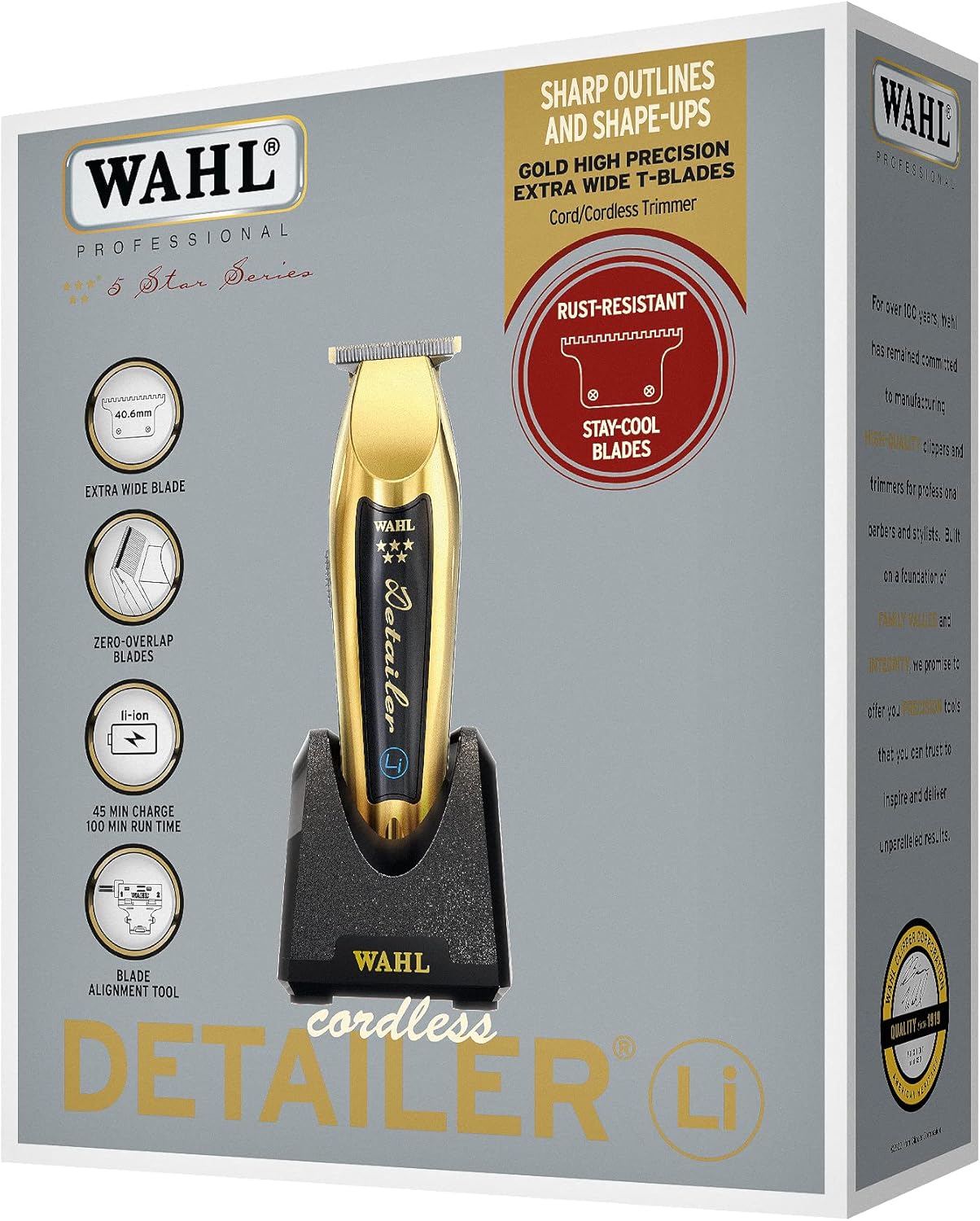 Wahl 5 Star Cordless Detailer in Gold, Professional Hair Trimmers, Close Trimming, Detailing and Outlining, Lightweight, Cordless, Snap On/Off Blades, Barbers Supplies