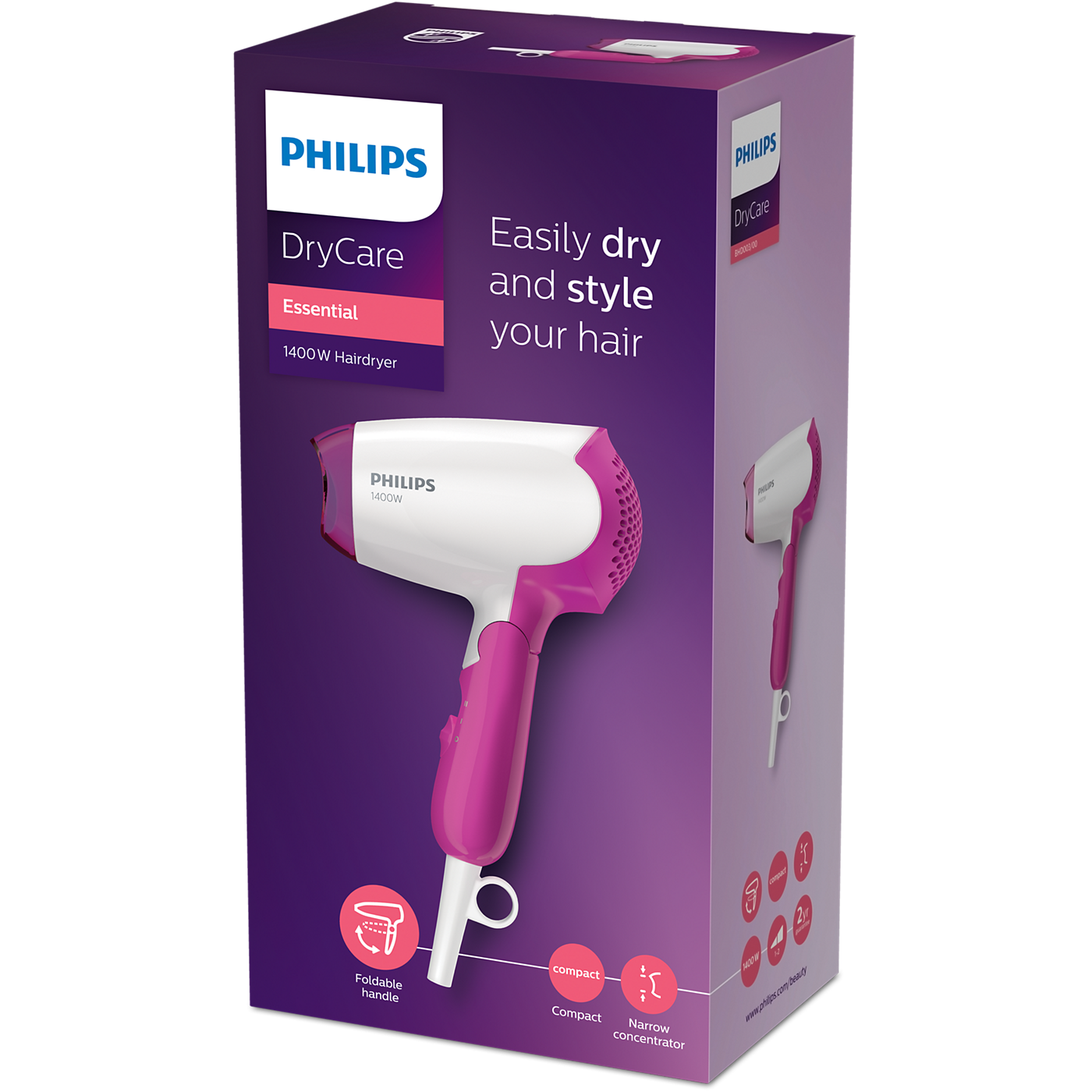 PHILIPS BHD003 Hairdryer DryCare Essential, 1400W, White
