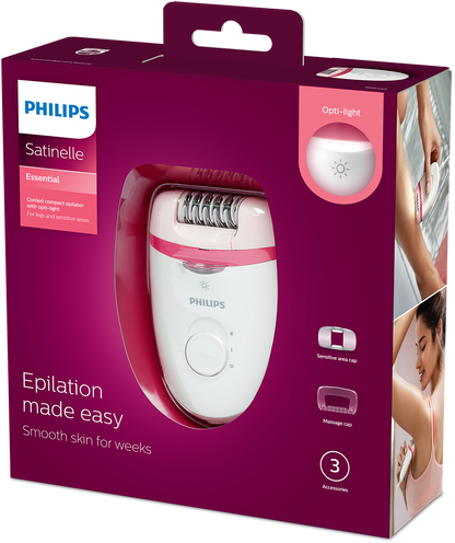 Philips Epilator BRE255 – Efficient Epilation System, 2 Speed Settings, Ergonomic Grip, Opti-Light, Sensitive Cap, and 3 Accessories for Smooth Skin