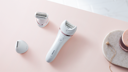 Philips BRE720 Wet & Dry Hair Removal Epilator – 32 Ceramic Tweezers, Double Action, Bikini Trimmer, Shaver & Exfoliator with 8 Attachments & Opti-Light