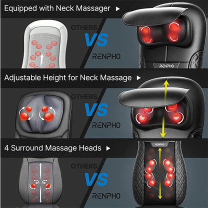 Renpho Massage Cushion, Back Massager for Chair, Shiatsu Chair Massager with Heat for Neck, Back, Shoulders, Height Adjustable, Use at Home & Office