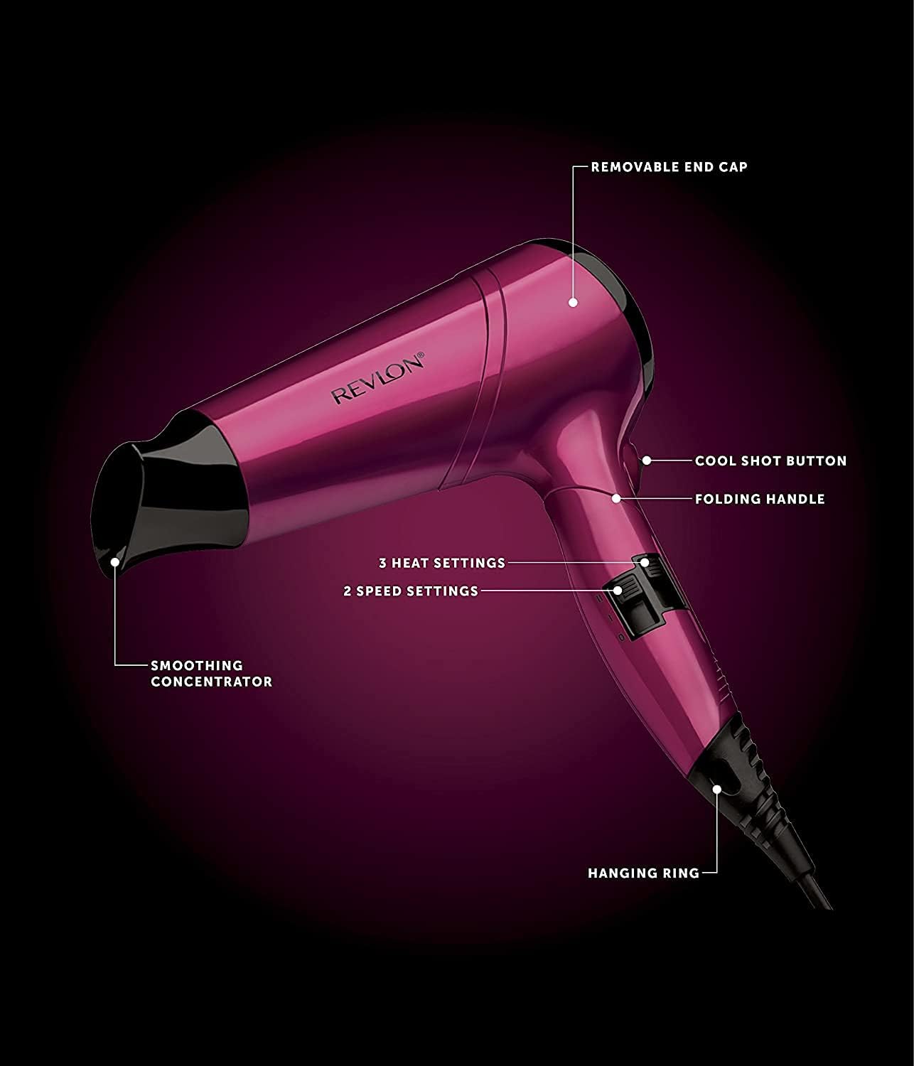 Revlon RVDR5229 Frizz Fighter Hair Dryer, 2200 Watts, 2 speed and 3 heat setting, folding handle. Cool shot button.