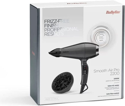 Babyliss Smooth Air Pro 2200 Hair Dryer 6719U Model, Frizz-Free Finish Professional Results Hair Dryer, Black Color with 2200W