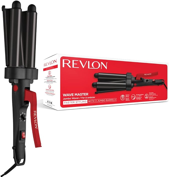 Revlon Wave Master Jumbo Waver (Three-Prong Jumbo Barrels, Tourmaline Ceramic Coating, 30 Heat Settings Up to 190°C) RVIR3056UKE