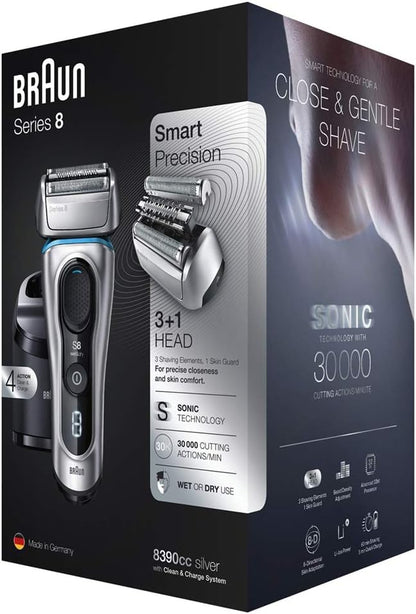 Braun Shaver 8390cc,Braun Series 8 8390cc Wet & Dry men's electric shaver with Clean & Charge station and travel case, silver, Silver,