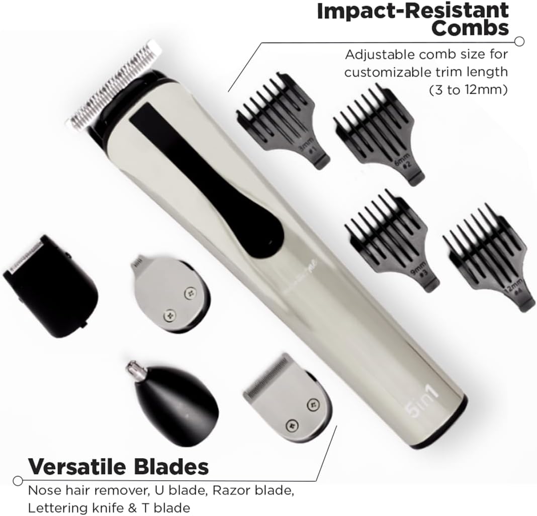 Ikonic 5 In 1 Express Groomer Trimmer with Stainless Steel Blades, 90 Minutes Of Runtime, Precision Hair Styling and Grooming Trimmer, Beard,Ear & Nose Trimmer