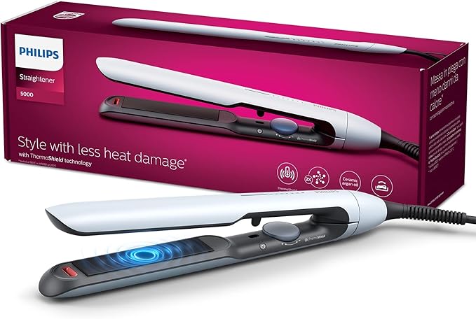 PHILIPS Hair Straightener BHS520/00, ThermoShield Technology to lower heat damage, Argan Oil Infused Plates, 2x Ionic Care for Frizz-free, smooth, shiny hair (New Model) Blue