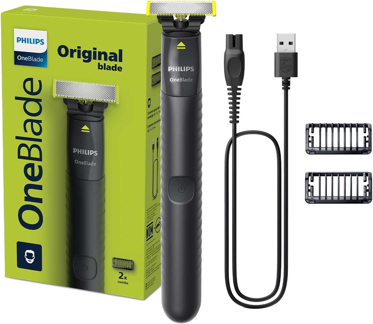 Philips OneBlade QP1424/10 | Trim, Edge & Shave Any Length | 2 Stubble Combs, Dual-Sided Blade | Wet & Dry Use, 30min Cordless