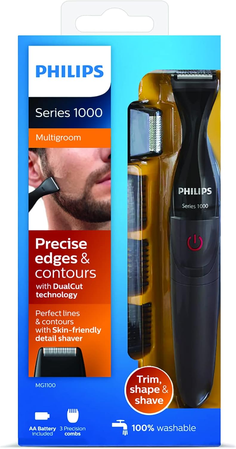 Philips Multigroom Series 1000 Ultra Precise Beard Styler, DualCut Precision Trimmer, Detail Shaver Attachment, Fully Washable, AA Battery, 3 Precision Combs – MG1100/16
