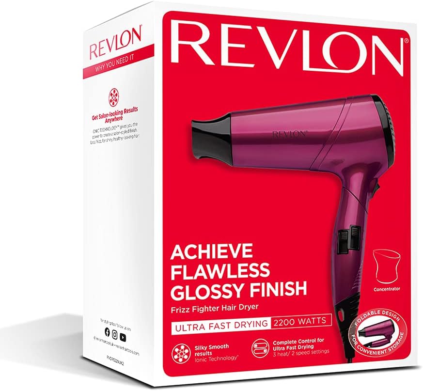 Revlon RVDR5229 Frizz Fighter Hair Dryer, 2200 Watts, 2 speed and 3 heat setting, folding handle. Cool shot button.