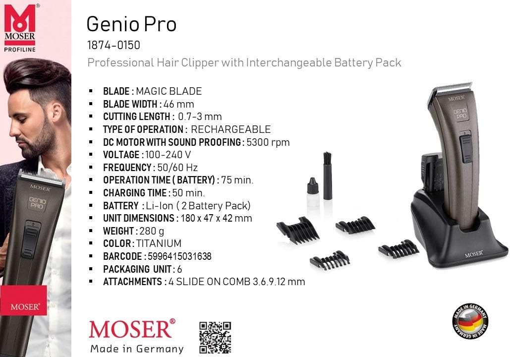 Moser Genio Pro Cordless Hair Clipper for Men (Made in Germany) | Magic Blade with 0.7-3mm Length Adjustment | 75 Min Run Time per Battery | LED Battery Indicator (1874-0150)