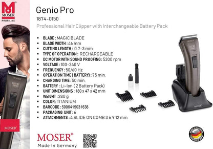 Moser Genio Pro Cordless Hair Clipper for Men (Made in Germany) | Magic Blade with 0.7-3mm Length Adjustment | 75 Min Run Time per Battery | LED Battery Indicator (1874-0150)