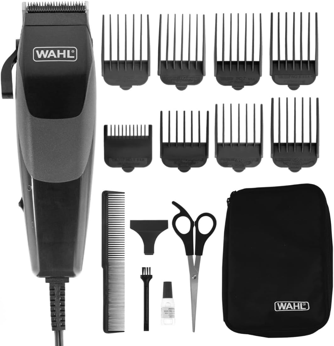 WAHL Sure Cut Hair Clipper for Men | Corded Hair Clipper | Stainless Steel Blade Trimmer | Suitable for Dry Use | Ideal For Men | Perfect for Home Grooming | 16 piece Hair Cutting Kit (79449-237)