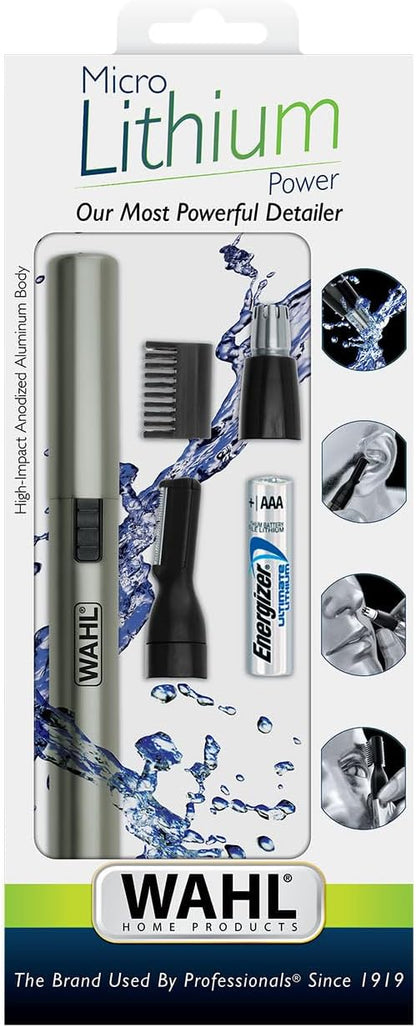 WAHL Lithium Detailer Rotating Spring Loaded Stainless Steel Cutting System for Nose, Ears, and Eyebrows with Elegant Titanium Anodised Aluminium Case - 5640-1016, Grey