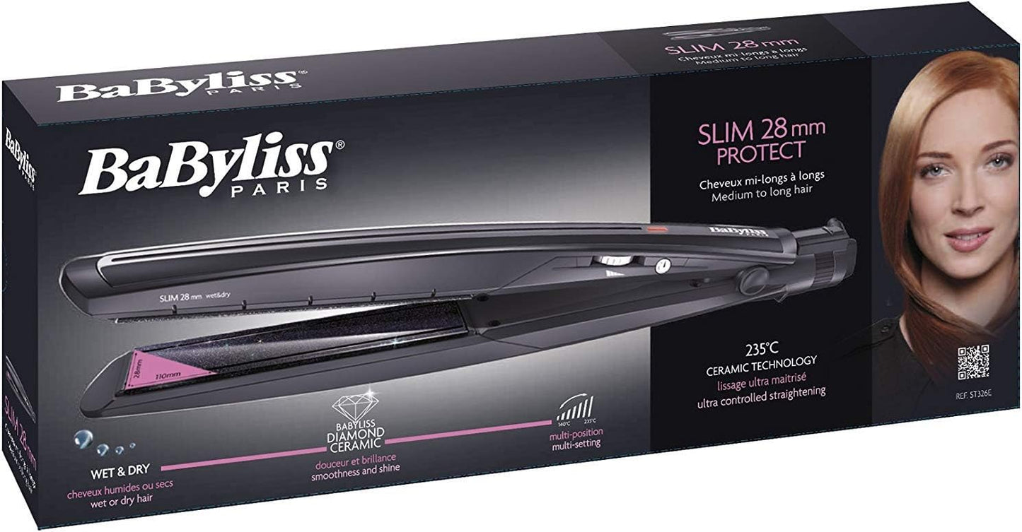 BaByliss Flat Iron Slim Protect 28 mm Wet & Dry Hair Straightener - Black, ST326E