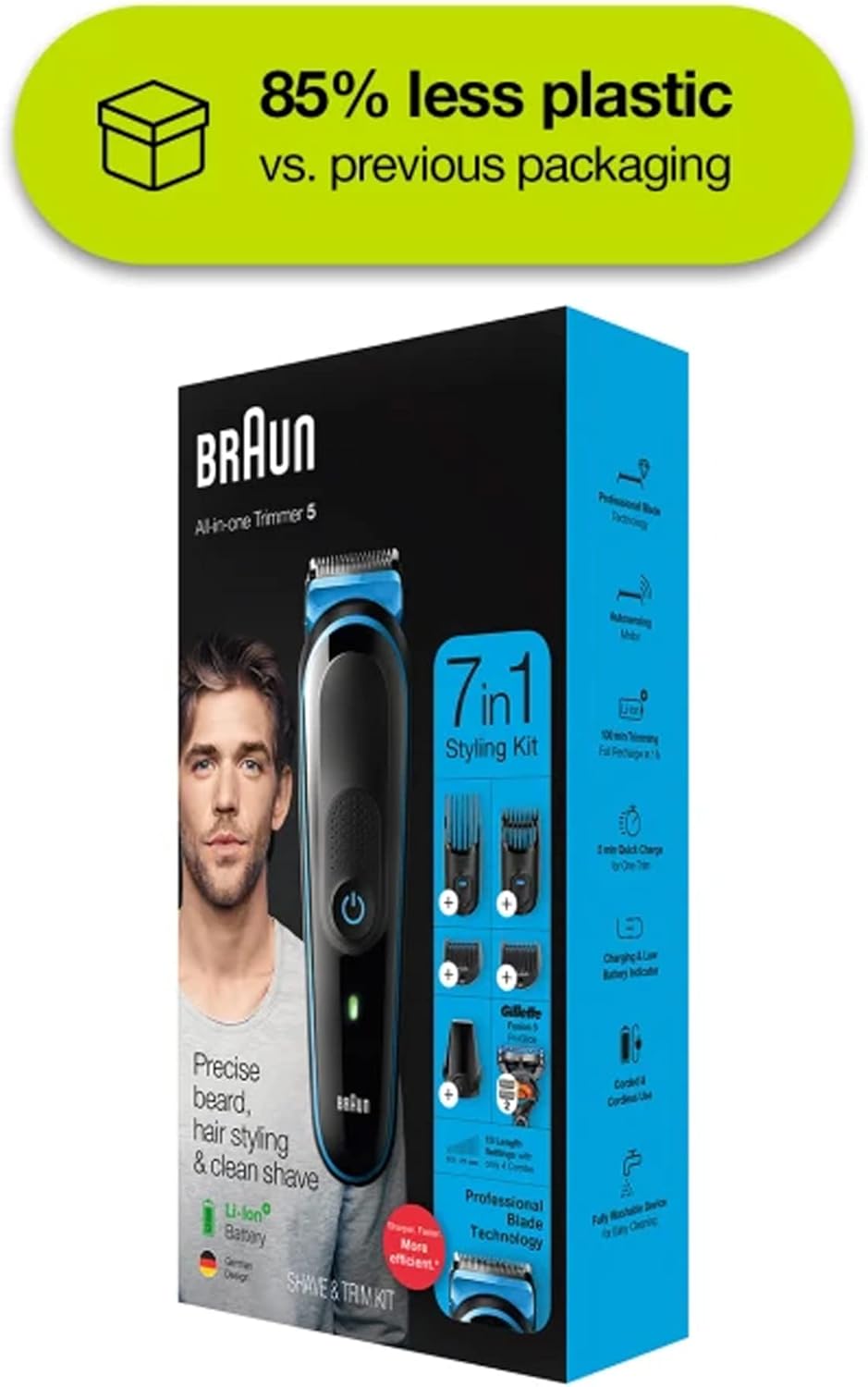 Braun 7-In-1 Trimmer With 13 Length Settings, With 4 Combs And Detail Trimmer, For Beard, Face, Nose, & Hair Trimming, And Clean Shaving, Gillette Razor, Gifts For Men, Mgk5245, Black/Blue