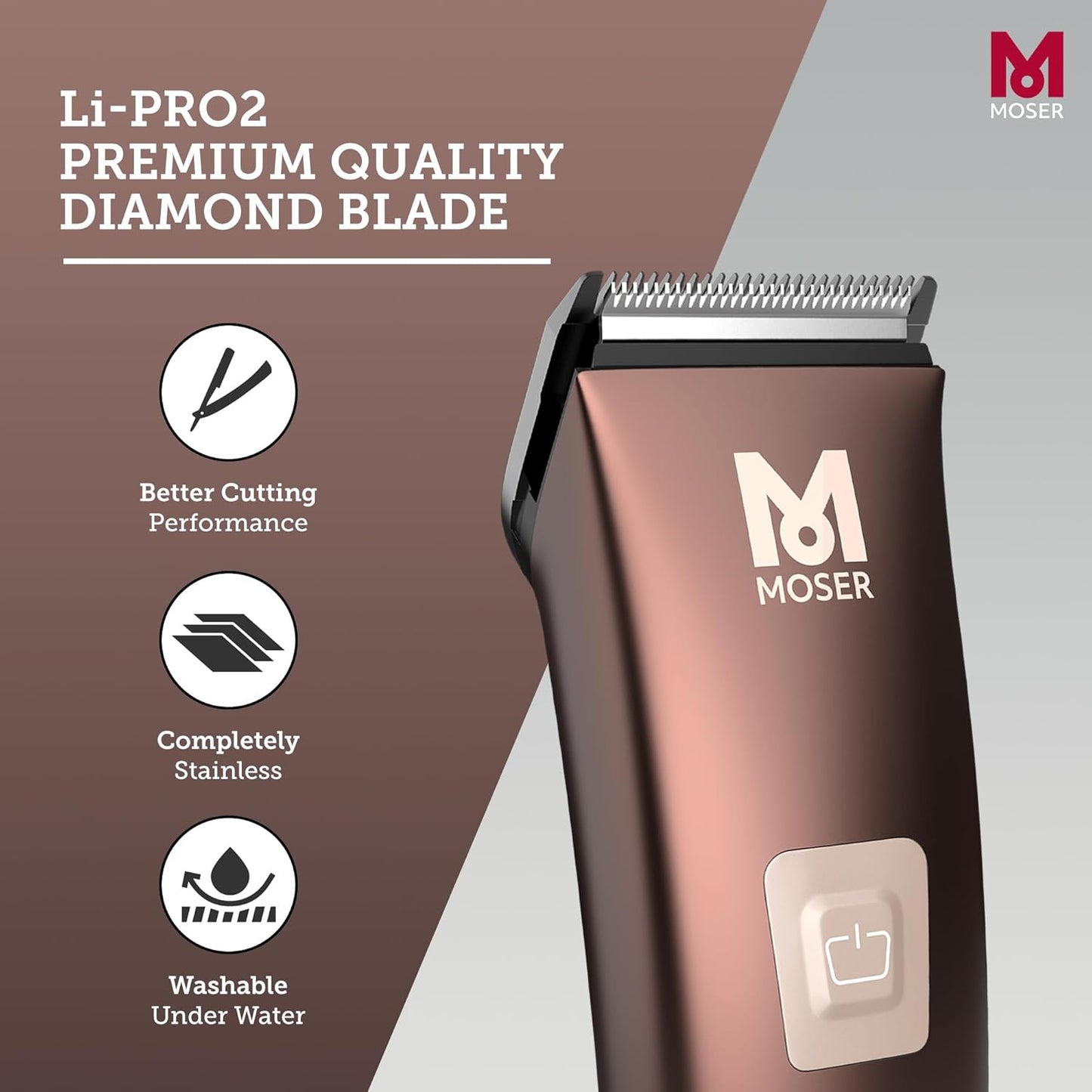 Moser Li+Pro2 Cordless Hair Clipper for Men (Made in Germany) | 160 minutes Run Time | LED Display with 3-Speed Levels | Stainless Steel Rinseable Blade | Quiet Operation (1888-0151)