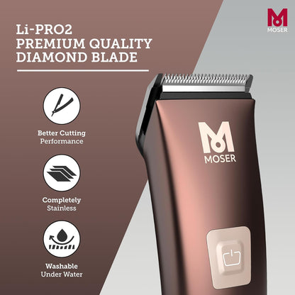 Moser Li+Pro2 Cordless Hair Clipper for Men (Made in Germany) | 160 minutes Run Time | LED Display with 3-Speed Levels | Stainless Steel Rinseable Blade | Quiet Operation (1888-0151)