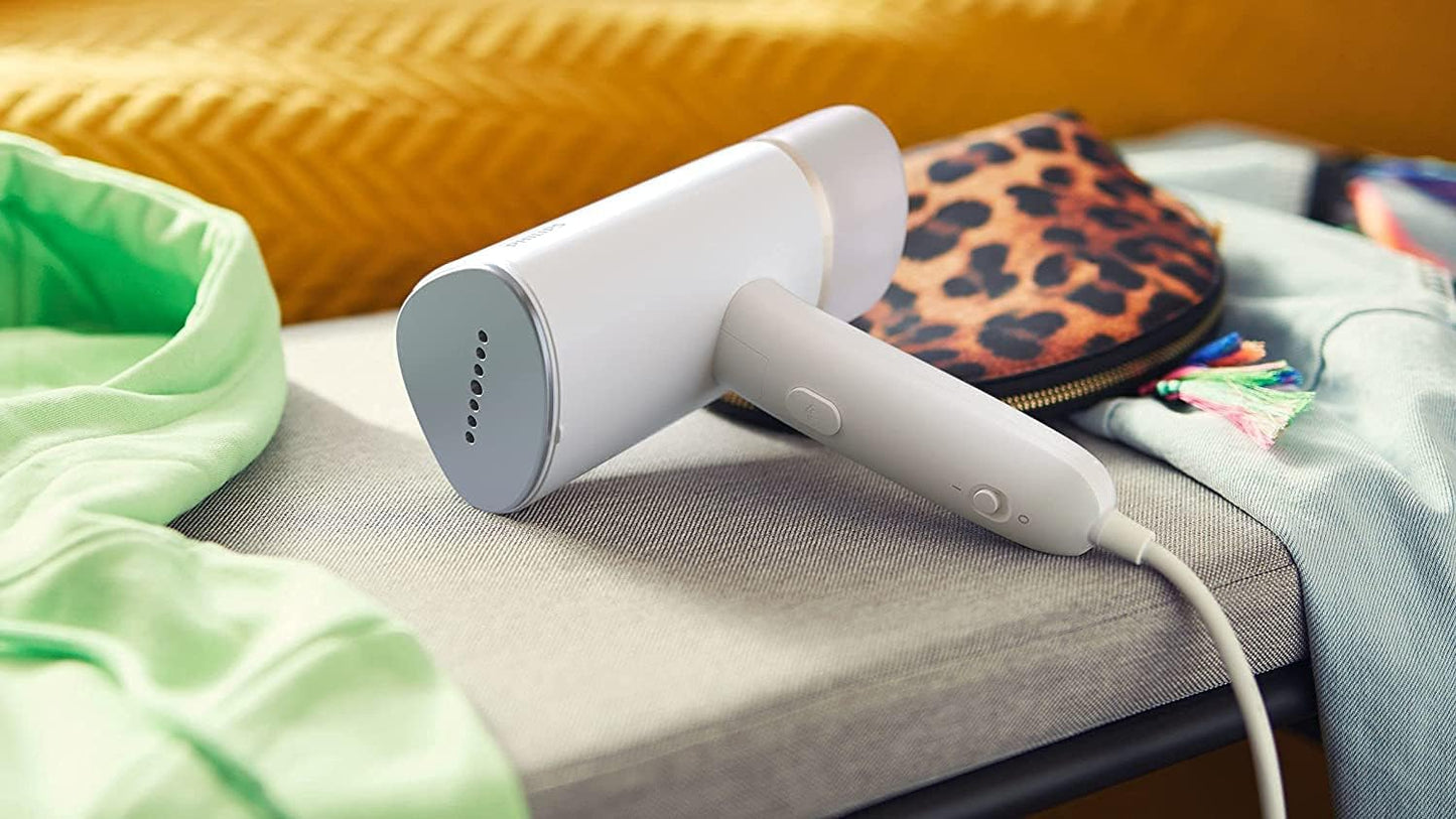 Philips Compact Handheld Steamer 3000 Series - 1000W - 20g/min Continuous Steam - 2M Cord Length - 120ML - Compact & Foldable - White - STH3020/16