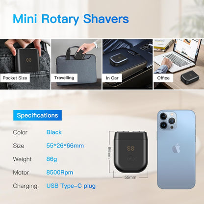 ENSSU Mini Electric Shaver for Men, Portable Cordless Razor, USB-C Rechargeable, IPX7 Waterproof, Travel Shaver with Battery Indicator, Easy to Clean