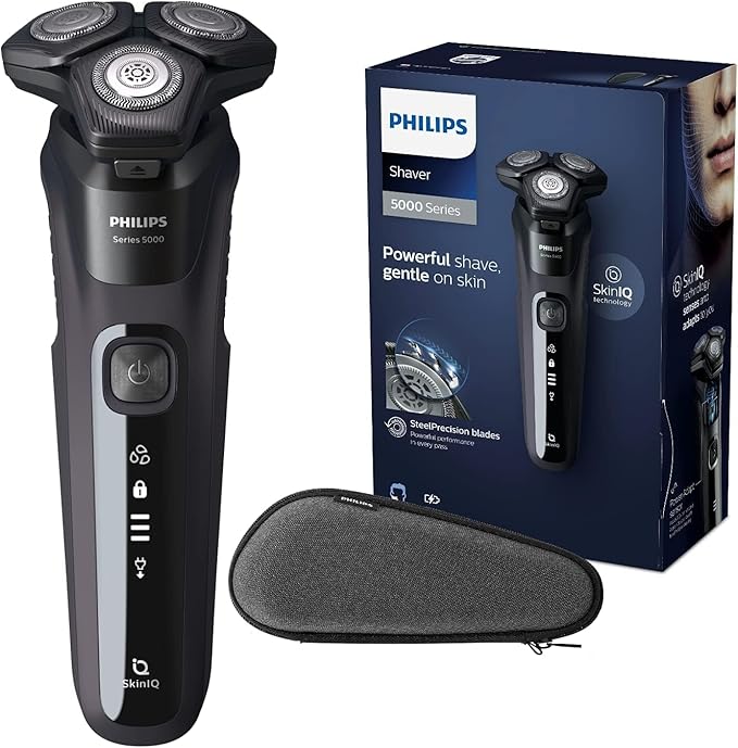 PHILIPS Shaver Series 5000 with Advanced SkinIQ, Wet & Dry Men's Electric Shaver with Integrated Pop-up Trimmer, 60 mins Run Time - S5588/30, Deep Black, [comes with UK Plug]