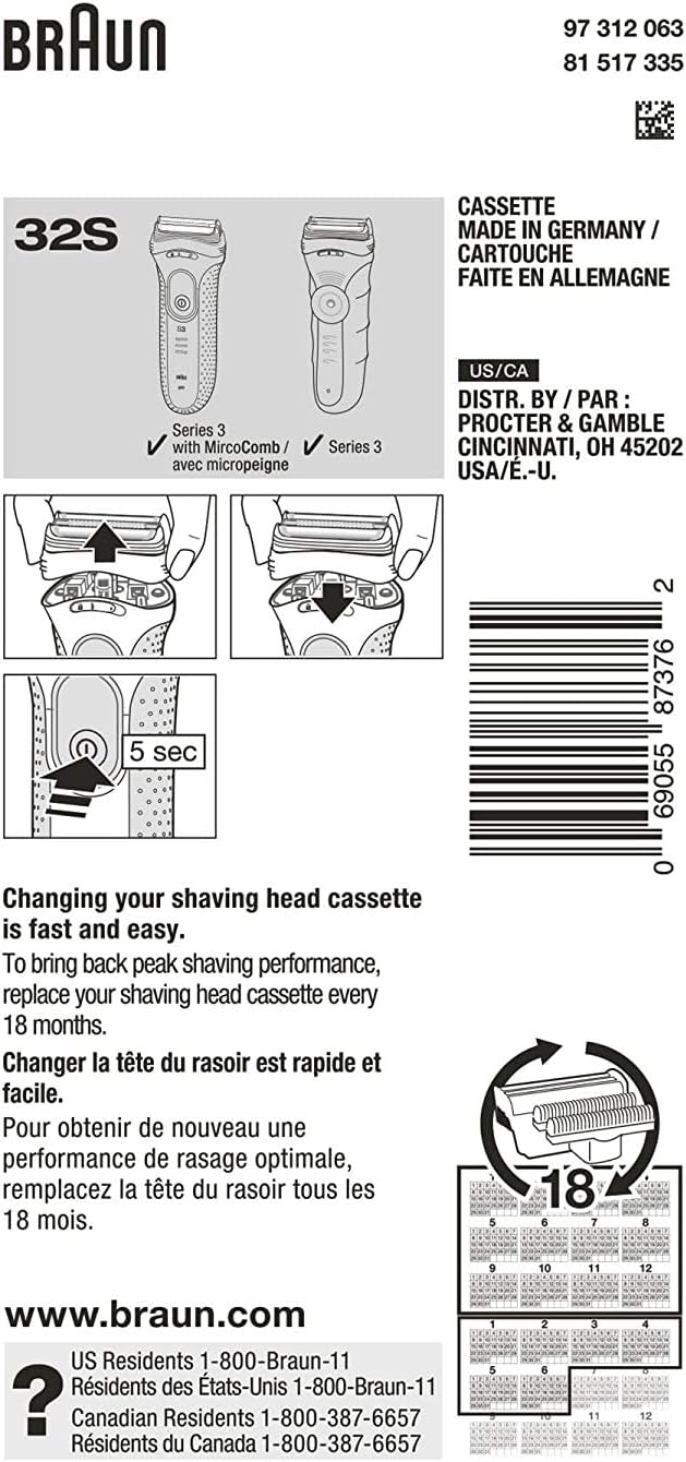Braun Series 3 Pro Skin Electric Shaver Replacement Head 32S - Compatible with Electric Razors 3000s, 3010s, 3040s, 3050cc, 3070cc, 3080s, 3090cc