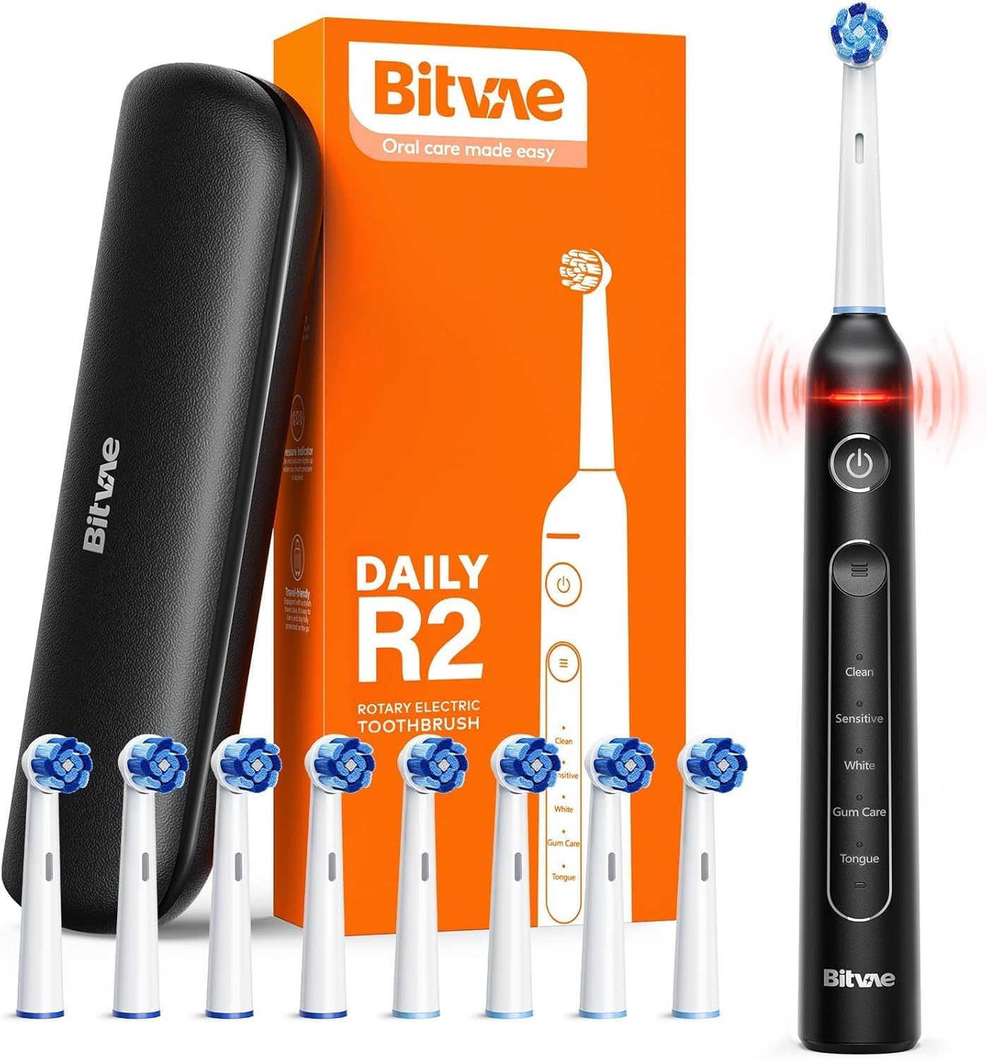 Bitvae R2 Rotating Electric Toothbrush for Adults with 8 Brush Heads, 5 Modes Rechargeable Power Toothbrush with Pressure Sensor, Pink