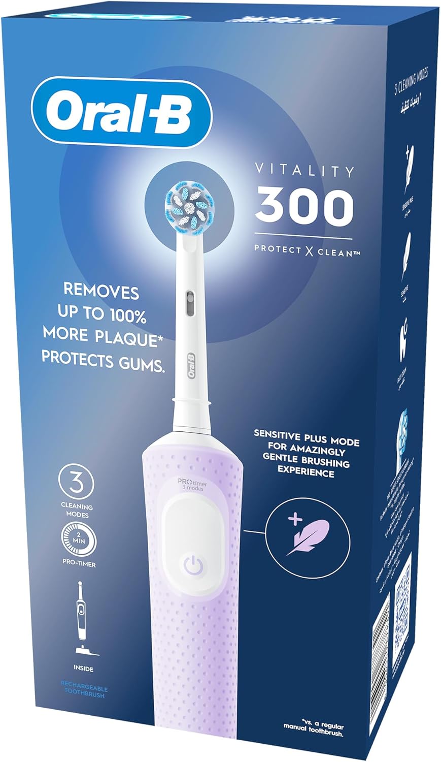 Oral-B Vitality 300 Rechargeable Toothbrush with CrossAction Brush Head, 3 Cleaning Modes & 2 Minutes Built-in Timer D103.413.3 Lilac