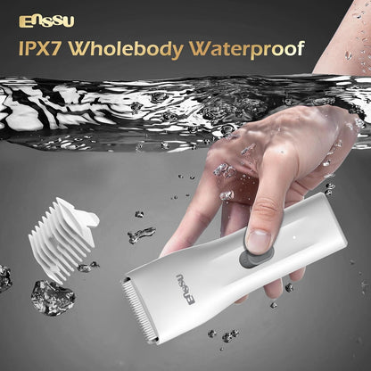 ENSSU Waterproof Cordless Hair Trimmer for Family Use - Adults and Kids - Powerful 6000 RPM Motor, Safe Trimming for Groin, Pubic, and Body Hair with Replaceable BLADELOCK™ Ceramic Blades (White)