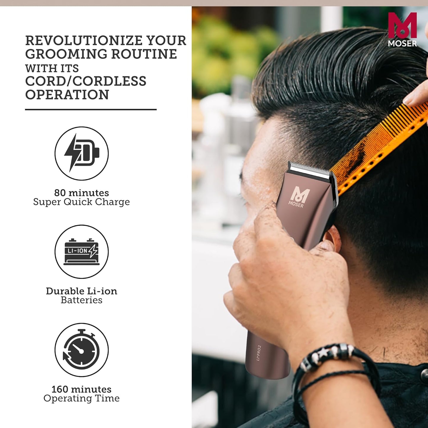 Moser Li+Pro2 Cordless Hair Clipper for Men (Made in Germany) | 160 minutes Run Time | LED Display with 3-Speed Levels | Stainless Steel Rinseable Blade | Quiet Operation (1888-0151)