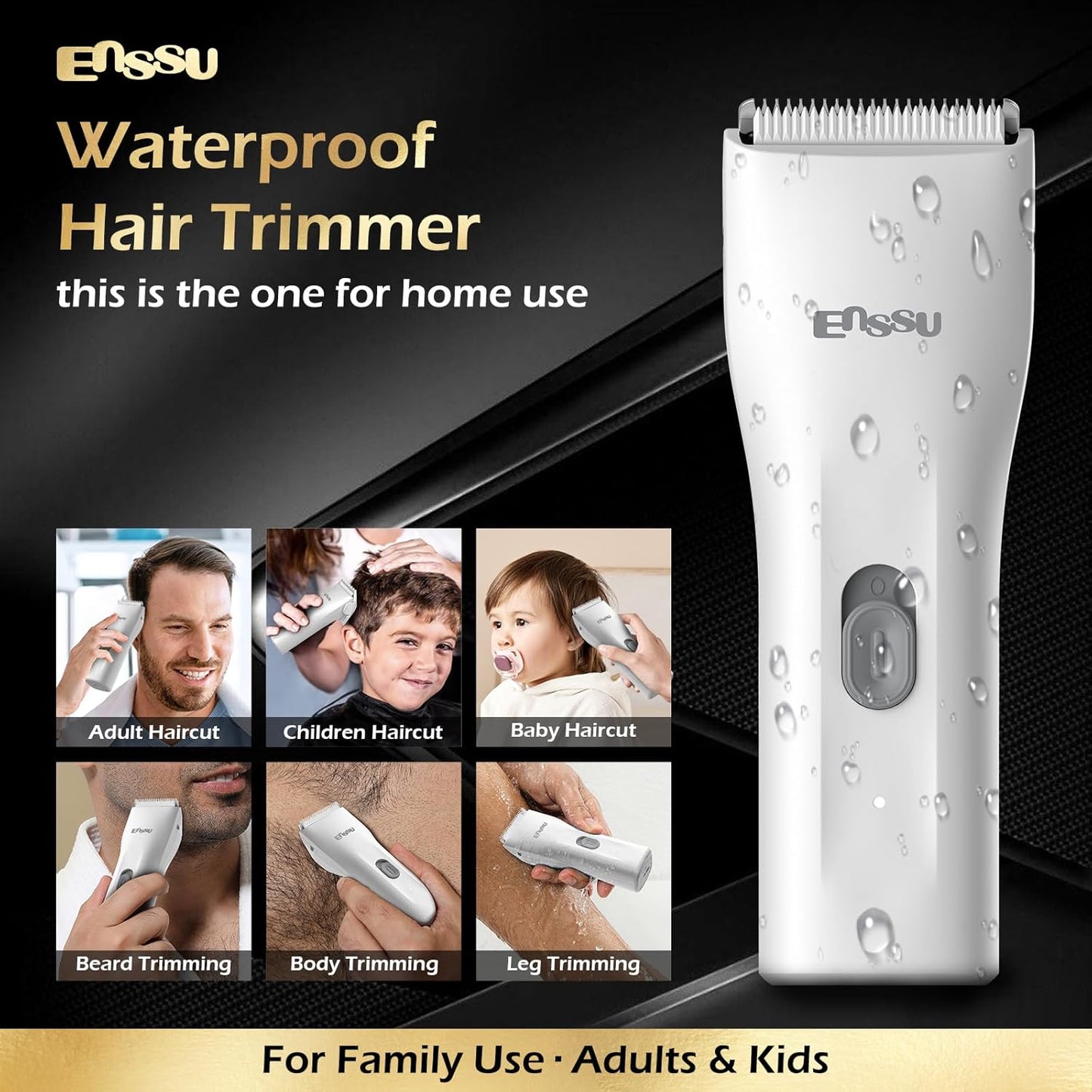 ENSSU Waterproof Cordless Hair Trimmer for Family Use - Adults and Kids - Powerful 6000 RPM Motor, Safe Trimming for Groin, Pubic, and Body Hair with Replaceable BLADELOCK™ Ceramic Blades (White)