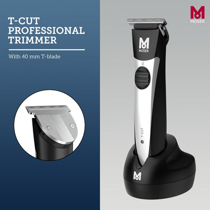Moser T-Cut Professional Cordless Trimmer for Men with 40mm T-Blade (Made in Germany) | 60-Minutes Runtime | High-Grade Steel Blades | Lightweight & Quiet Operation (1591-0170)