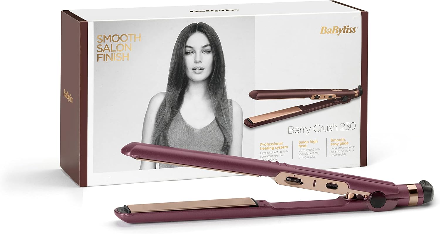 BaByliss Berry crush Styler Hair Straightener, with Advanced Ceramic 24MM Wide Extra Long Heating Plates, 10 Heat Settings Upto 230°C, Ready to Use in 30Sec & Auto Shut Off - 2183PSDE (Cranberry)