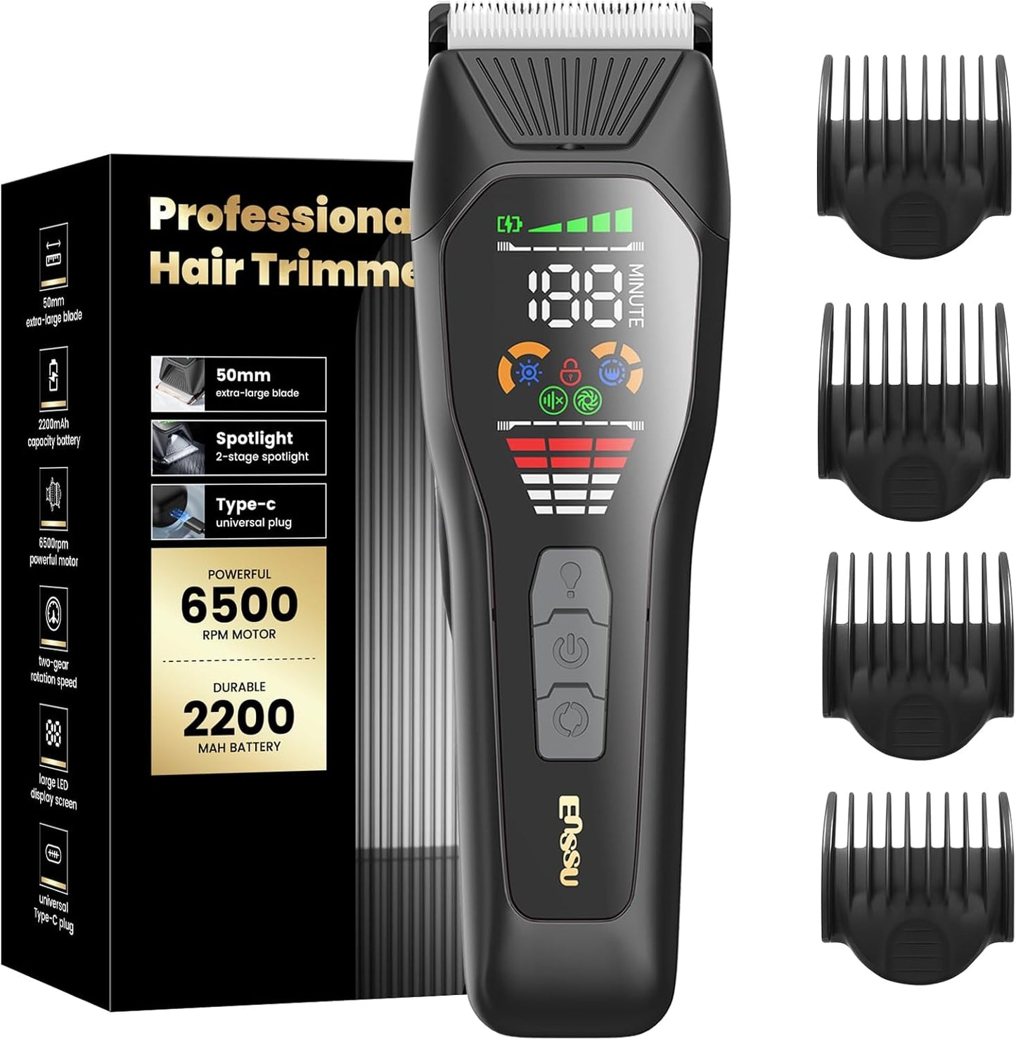 ENSSU Hair Clippers for Men Professional, Rechargeable Hair Trimmer Cordless Barber Clippers with 50mm Blade, Large LED Display, 180-Minutes Runtime for Home Hair Cutting