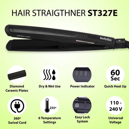 Babyliss ST327E Intense Protect Slim 28mm Hair Straightener - 235°C - Wet & Dry (Black)
