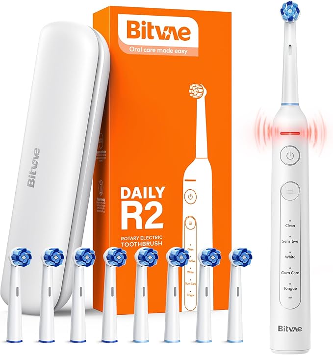 Bitvae R2 Rotating Electric Toothbrush for Adults with 8 Brush Heads, 5 Modes Rechargeable Power Toothbrush with Pressure Sensor, Pink