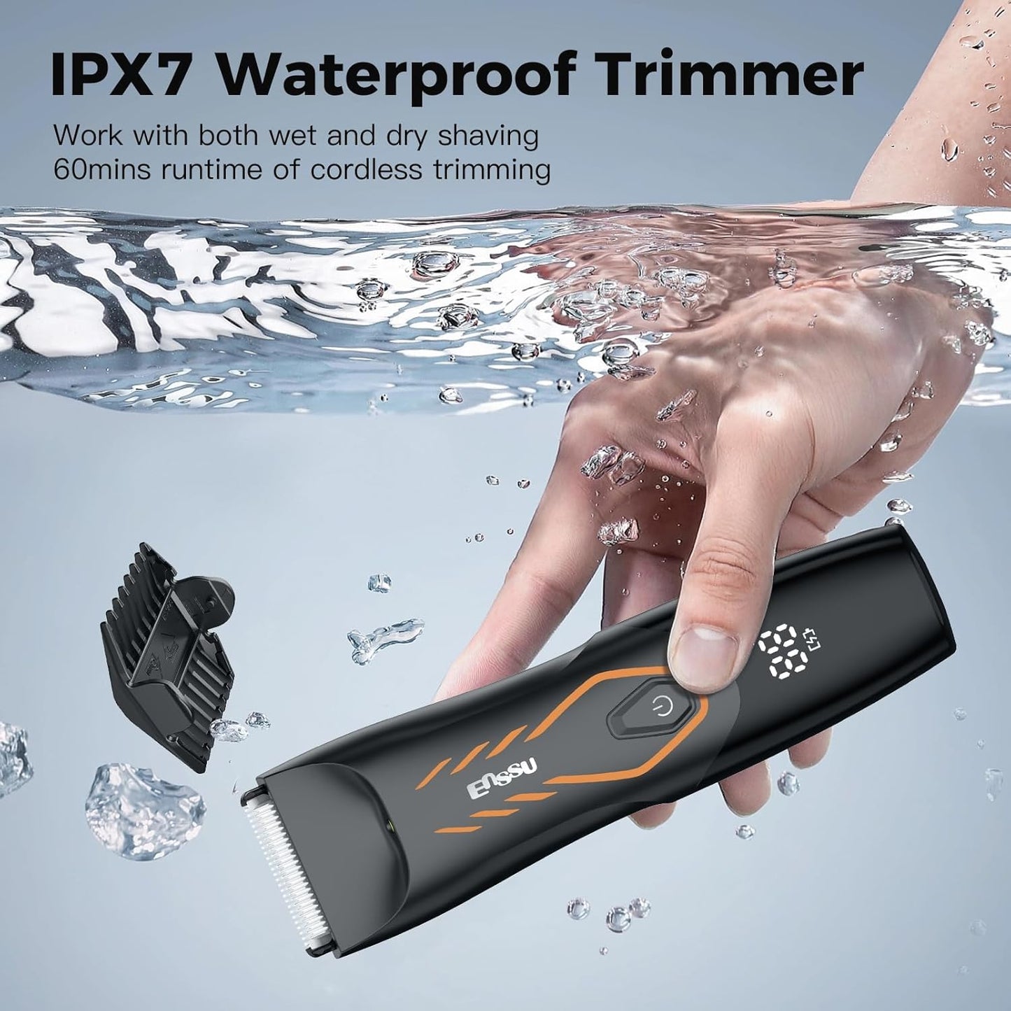 ENSSU Body Hair Trimmer for Men, Electric Groin Hair Trimmer, Ball Trimmer with Skin-Safe Ceramic Blade & Wireless Charging Dock, Waterproof Body Groomer for Groin, Chest, Beard & Pubic Hair (Orange)