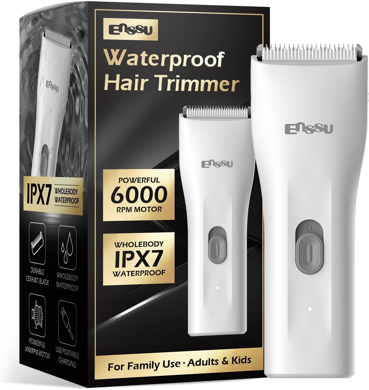 ENSSU Waterproof Cordless Hair Trimmer for Family Use - Adults and Kids - Powerful 6000 RPM Motor, Safe Trimming for Groin, Pubic, and Body Hair with Replaceable BLADELOCK™ Ceramic Blades (White)
