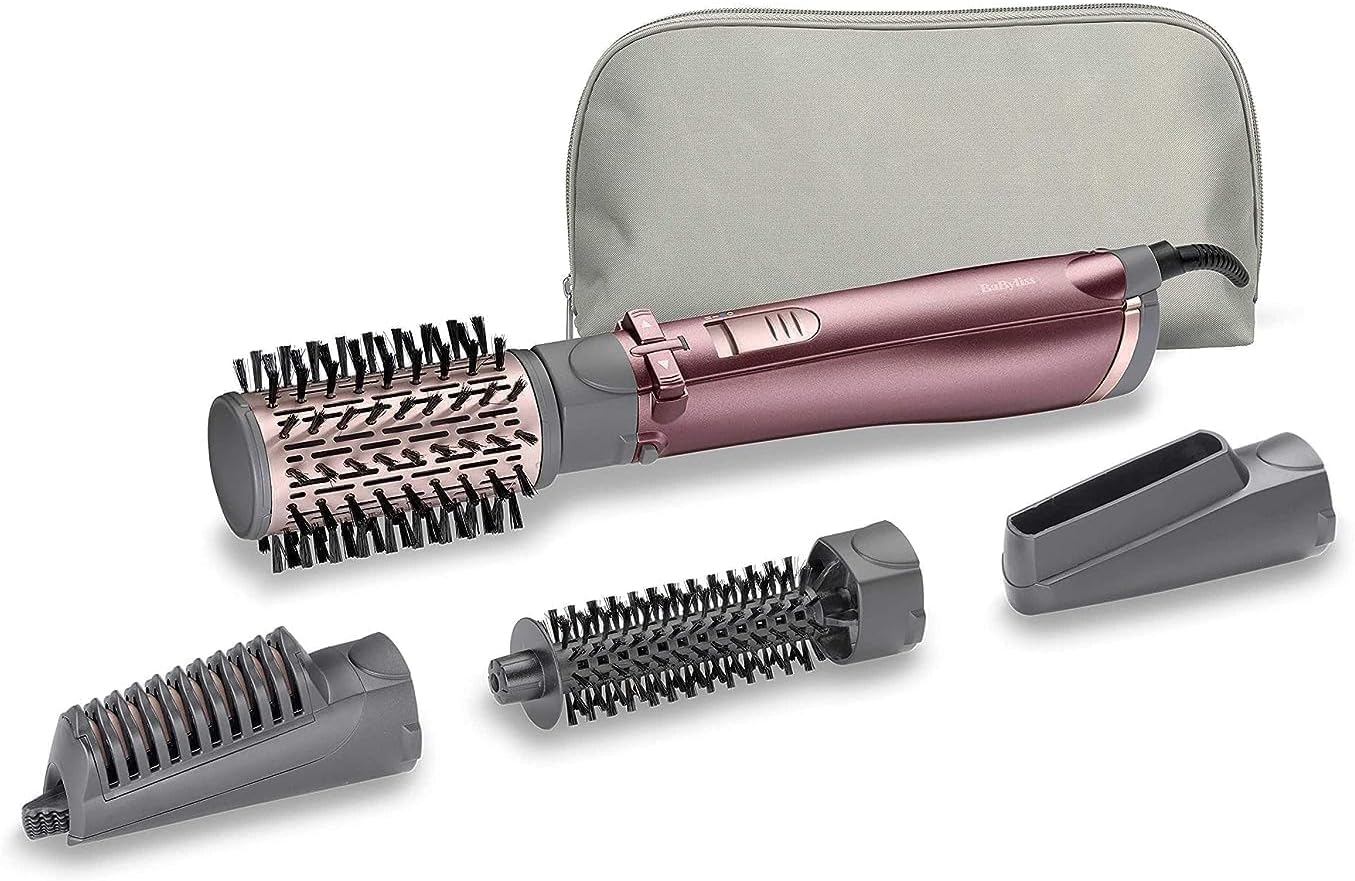 BaByliss 4 in 1 Rotating Air Styler Brush | Potent 1000W Styler For Ultra-Fast Drying | Salon Finish with Interchangeable Attachments For Hair Volumizing, Smoothing & Straightening | AS960SDE (Purple)