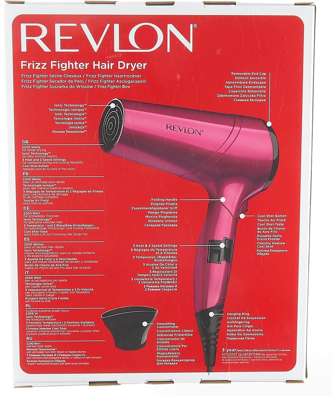 Revlon RVDR5229 Frizz Fighter Hair Dryer, 2200 Watts, 2 speed and 3 heat setting, folding handle. Cool shot button.