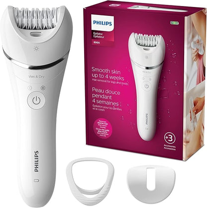 Philips BRE720 Wet & Dry Hair Removal Epilator – 32 Ceramic Tweezers, Double Action, Bikini Trimmer, Shaver & Exfoliator with 8 Attachments & Opti-Light