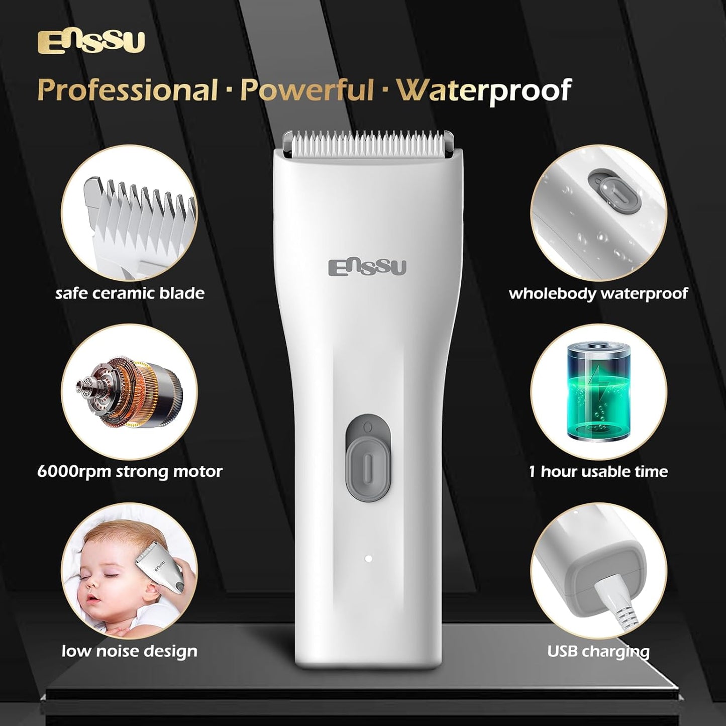 ENSSU Waterproof Cordless Hair Trimmer for Family Use - Adults and Kids - Powerful 6000 RPM Motor, Safe Trimming for Groin, Pubic, and Body Hair with Replaceable BLADELOCK™ Ceramic Blades (White)