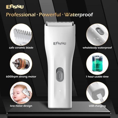 ENSSU Waterproof Cordless Hair Trimmer for Family Use - Adults and Kids - Powerful 6000 RPM Motor, Safe Trimming for Groin, Pubic, and Body Hair with Replaceable BLADELOCK™ Ceramic Blades (White)