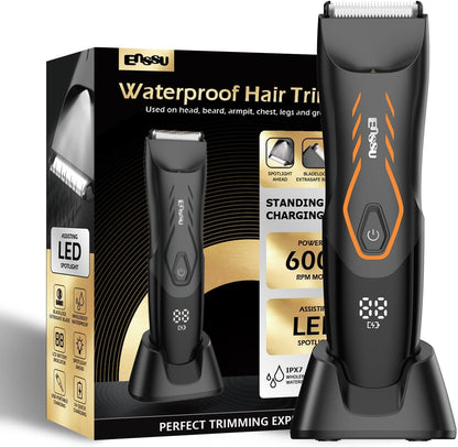 ENSSU Body Hair Trimmer for Men, Electric Groin Hair Trimmer, Ball Trimmer with Skin-Safe Ceramic Blade & Wireless Charging Dock, Waterproof Body Groomer for Groin, Chest, Beard & Pubic Hair (Orange)