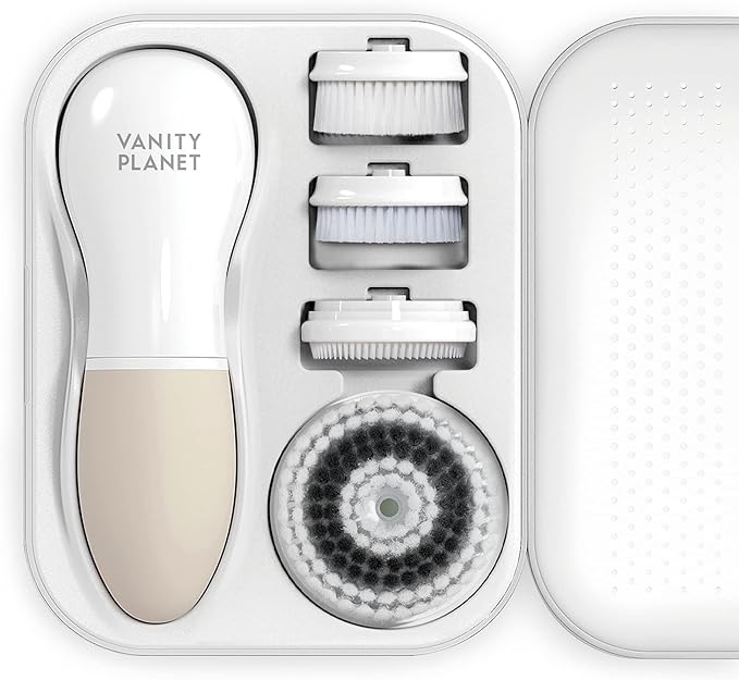 Vanity Planet (Warm Gray) - Raedia Facial Cleansing Brush - Warm Grey - 3 Interchangeable Face Brush Heads and Body Brush - Lightweight Daily Exfoliator for Glowing Skin - Water Resistant